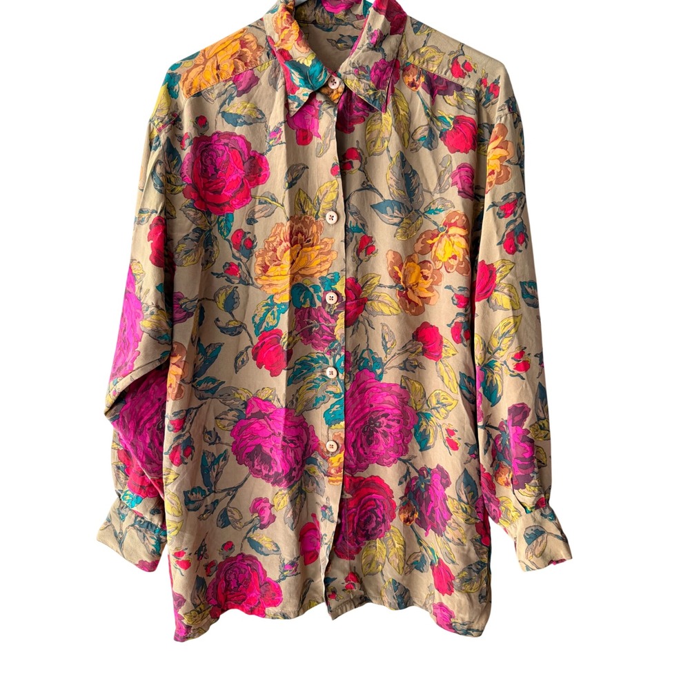 Ellen Tracy Vintage Floral Silk Button Down Blouse Size M